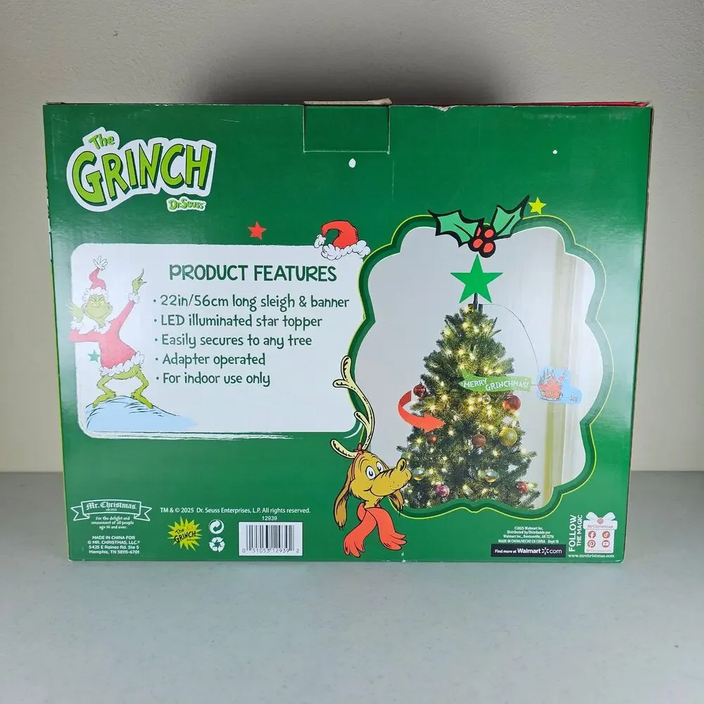 NEW!! Mr. Christmas Animated Dr.‎ Seuss Grinch Sleigh Tree Topper with LED Star